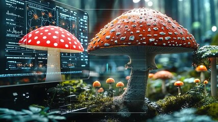 Poster - A vibrant red mushroom stands next to a computer displaying data in a mystical forest setting