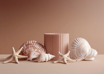 Poster - Minimalist Seashells and Starfish Display on Beige Stands with Gradient Brown Background