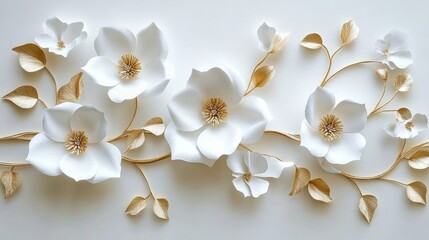 Poster - Elegant White Paper Flowers with Gold Stems and Leaves on White Background Luxury Floral Design