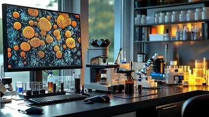 Poster - Laboratory workspace showcasing microscopy and vibrant petri dish cultures in the evening light