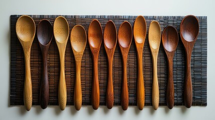 Wall Mural - A collection of wooden spoons arranged neatly on a textured mat.