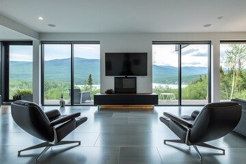 Poster - Living room with a floating entertainment unit, modern black leather armchairs, and a panoramic view through floor-to-ceiling windows. interior design  concept 