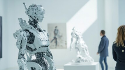 A robotic AI artist creating intricate sculptures in a contemporary art gallery, patrons admiring the robotic creativity, Artistic robotics style