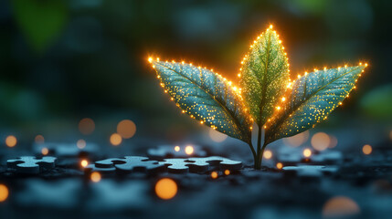 Wall Mural - vibrant plant with glowing leaves emerges from puzzle piece background, symbolizing growth and conne