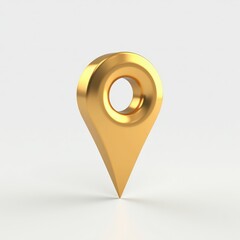 Poster - 3D golden map pin symbol on a simple white background, perfect for representing location and navigation concepts with a luxurious touch.