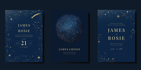 luxury invitation card design vector set. elegant wedding card with little star moon sun meteor and 