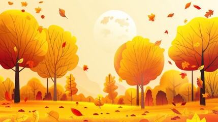 Wall Mural - Scenic autumn view featuring yellow trees and sun; Autumn landscape with falling leaves.