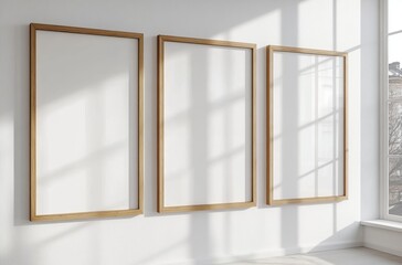 Poster - Minimalist Wooden Frames on White Wall with Natural Light for Interior Design Mockup