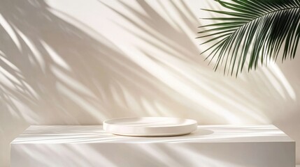 Aufkleber - Minimalist Round Plate on White Pedestal Casting Palm Tree Shadows on White Wall