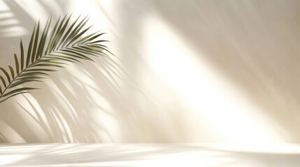 Poster - Minimalistic palm leaf shadow on light beige wall serene ambiance summer spring design