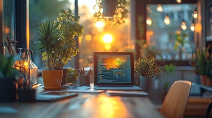 Web developers collaborate in modern offices, while designers use tablets and dual displays for design and coding. Warm sunlight pours into the room through glass windows.