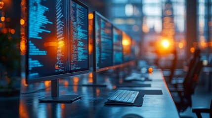 Web developers collaborate in modern offices, while designers use tablets and dual displays for design and coding. Warm sunlight pours into the room through glass windows.
