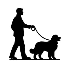 Wall Mural - A man walking a bernese mountain dog with leash on hand black silhouette vector illustration