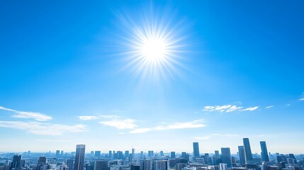 a clear sky above a city skyline, with the bright sun shining and no clouds in sight