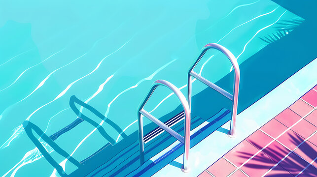 An isometric illustration presents a swimming pool with a ladder and clear water, making it a banner for summer relaxation and colorful summer fun. created with Generative AI technology