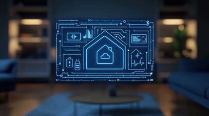 Poster - A glowing digital interface displaying smart home data, set in a cozy living room with modern furnishings and ambient lighting.