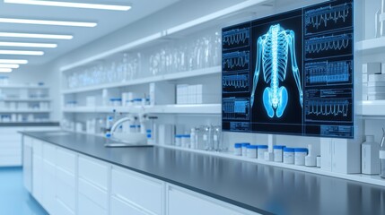 Poster - A modern laboratory setting displaying an x-ray image of a skeletal structure on a screen, surrounded by shelves with medical supplies.