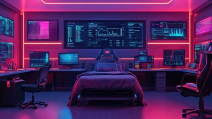 Poster - A futuristic gaming room featuring vibrant neon lights, multiple screens, and a gaming chair, creating a high-tech atmosphere.