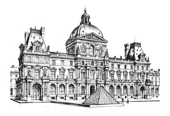 The Louvre Museum building sketch hand dawn drawing vector illustration