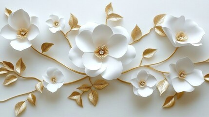 Poster - Elegant White Paper Flowers with Gold Stems and Leaves on White Background Minimalist Floral Design