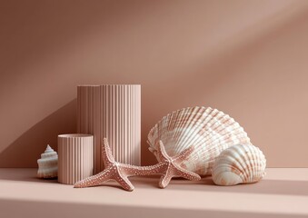 Poster - Minimalist Seashells and Starfish Display on Beige Pedestal Against Brown Background