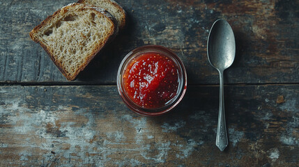 Wall Mural - Sweet and healthy strawberry fruit jam in a glass jar on a wooden kitchen table next to the spoon and a whole grain bread for nutritious dessert vegan meal. homemade organic marmalade.