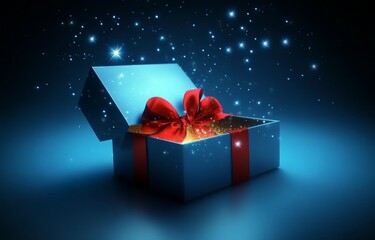 Open Blue Gift Box with Red Ribbon and Glowing Interior