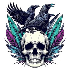 Wall Mural - Skull adorned with ravens and colorful feathers.