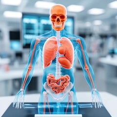 Poster - 3D model of human anatomy, internal organs, skeleton, lungs, intestines, liver, skull displayed on a transparent surface in a medical laboratory setting.