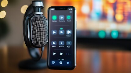 A mobile phone screen showing a podcast app with an episode list and play button on display