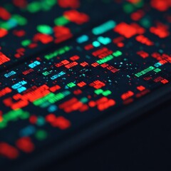 Poster - Abstract digital data flow, glowing red, green, blue pixels on dark background.