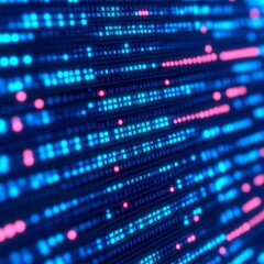 Poster - Abstract digital data stream with glowing blue and pink lines and dots.