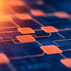 Poster - Abstract digital network connection, glowing orange squares and lines on dark background.