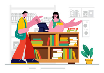 Wall Mural - Bookstore Vector Illustration featuring a School Library Room for Studying, Reading, Education, Self Development, and Literature in a Flat Background