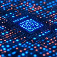 Poster - Close-up of a glowing circuit board with binary code.