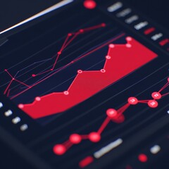 Poster - Close-up of a tablet screen displaying red financial graphs and charts showing growth and progress.