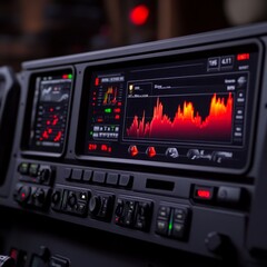 Poster - Close-up of a vehicle's digital dashboard displaying various data graphs and metrics.