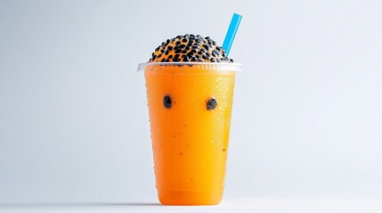 Wall Mural - Refreshing orange passion fruit smoothie with popping boba in a plastic cup.