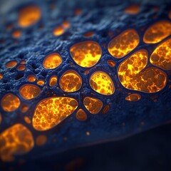 Poster - Close-up of glowing orange formations within a dark blue porous surface.