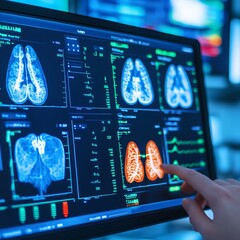 Poster - Close-up of hand interacting with medical monitor displaying brain and lung scans.