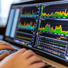 Poster - Close-up of hands using laptop displaying financial charts and graphs.