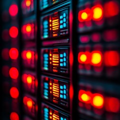 Poster - Close-up of illuminated server rack in data center.