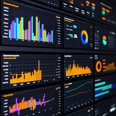 Poster - Close-up of multiple data charts and graphs displayed on a screen, showing various financial metrics and business analytics.