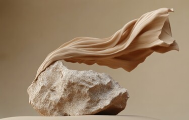 Poster - Beige Luxury Display with Stone Podium and Flowing Fabric for Cosmetic Product Presentation