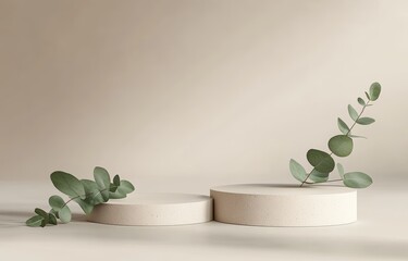 Poster - Minimalist 3D Display Podiums with Eucalyptus Leaves on Beige Background