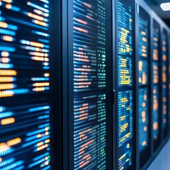 Poster - Data center server racks with illuminated screens displaying lines of code.