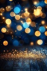 Poster - Gold and Blue Bokeh Background with Glittering Light Effects for Festive Celebration