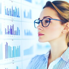 Poster - Focused businesswoman analyzing financial charts.