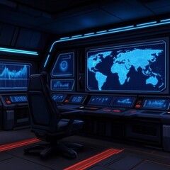 Poster - Futuristic control room with monitor showing world map and data.