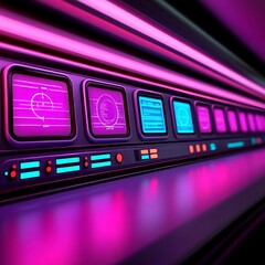Poster - Futuristic control panel with glowing screens displaying data and currency symbols.